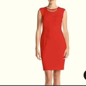 Calvin Klein orange gold chain neck line dress sleeveless size 8 new with tag